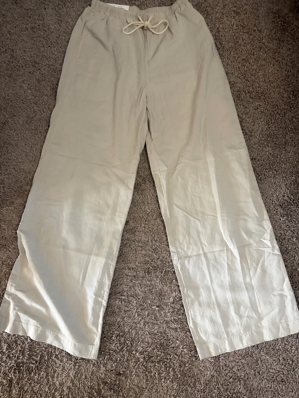 NWT UNIQLO Linen Blend Easy Pants Small Natural Beige Wide Leg Drawstring - Picture 2 of 8